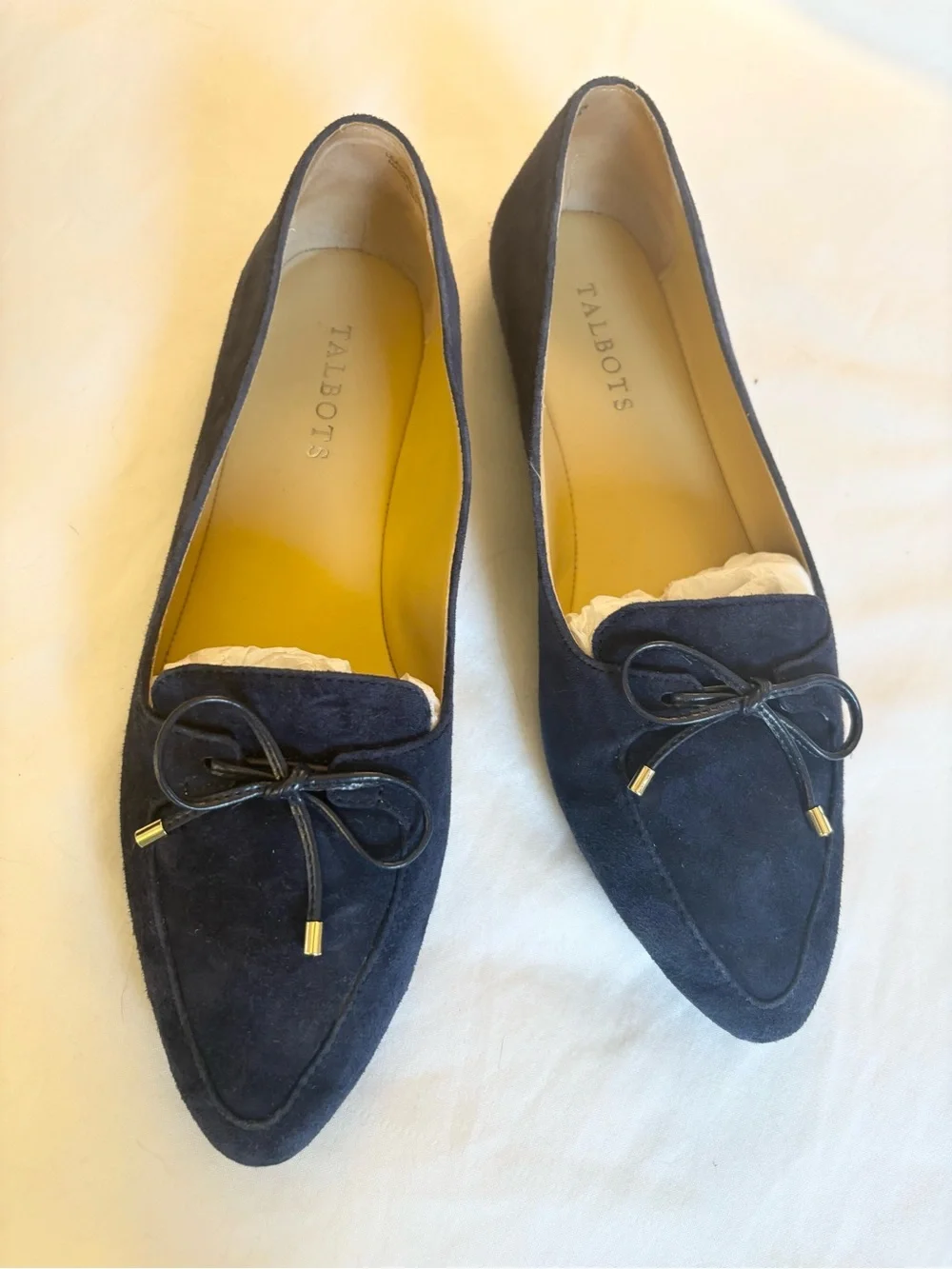 Talbots Navy Suede Pointed-Toe Loafers with Bow Accents